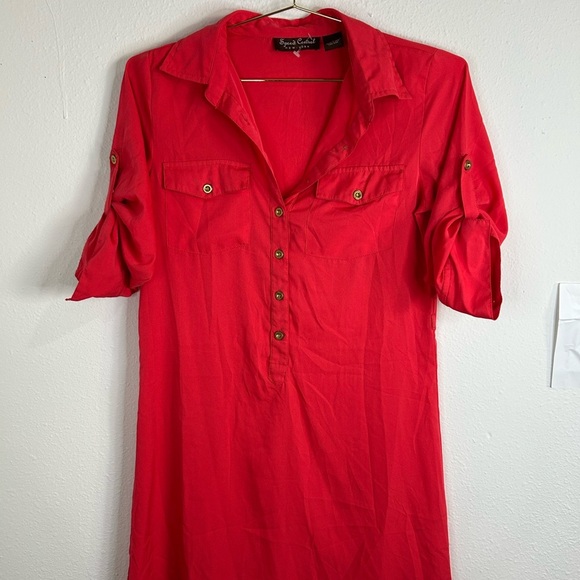 Speed Control Coral Shirt Dress Small Button Front Tab Sleeve Casual Tunic Style - Picture 3 of 12